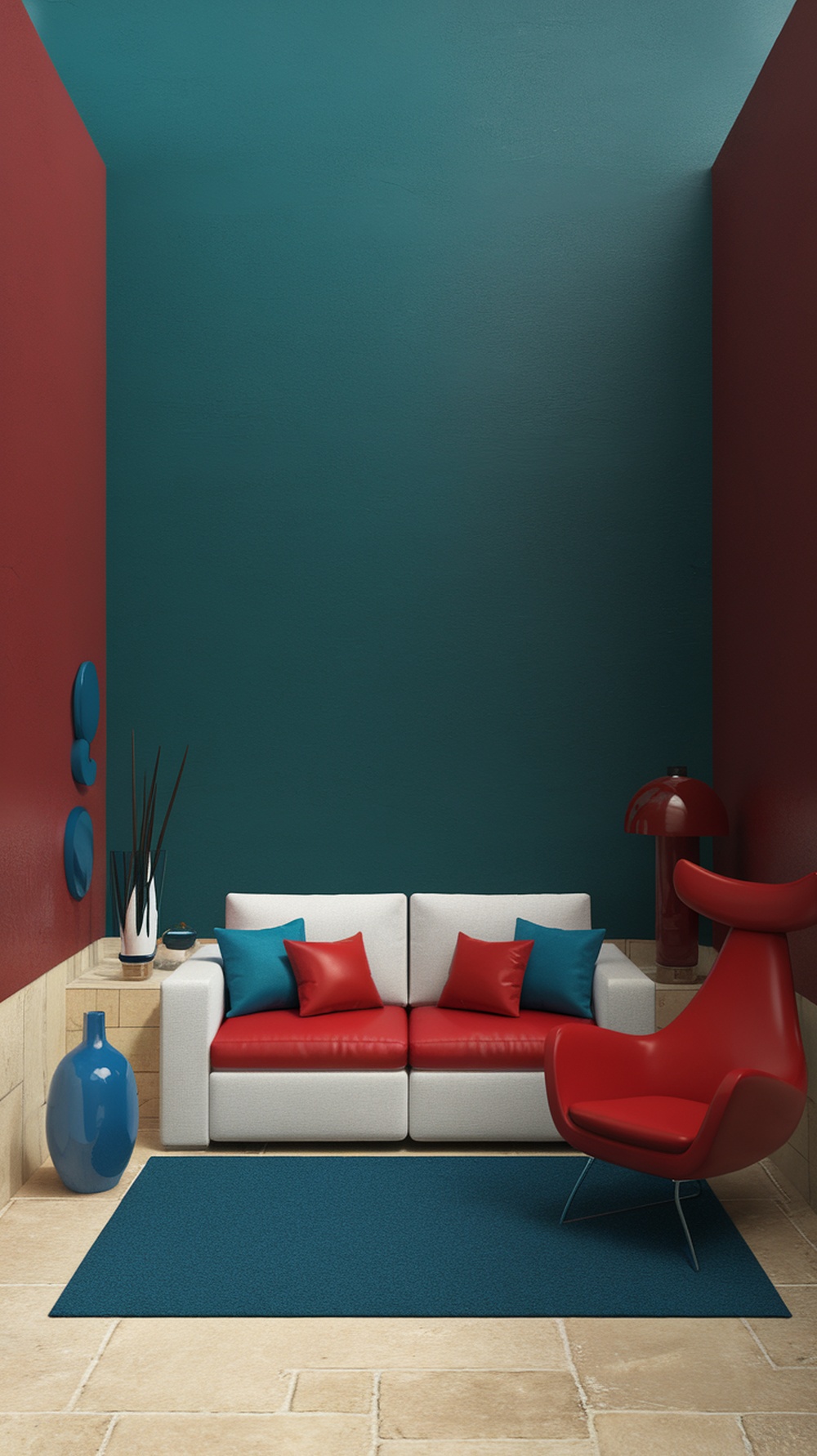 A small apartment living room featuring bold color blocking with deep teal and red walls, a white couch with colorful pillows, and a stylish red chair.