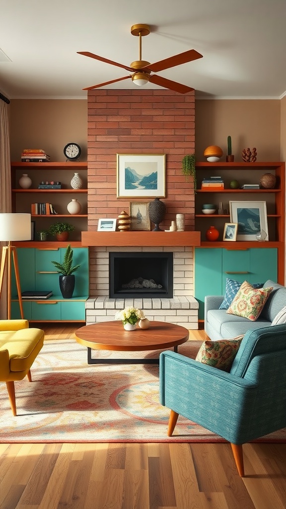 A mid century modern living room featuring teal and yellow accents, vintage accessories, and a wooden coffee table.