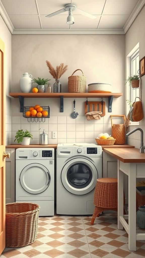 A cozy farmhouse laundry room featuring white appliances, wooden accents, and decorative baskets.
