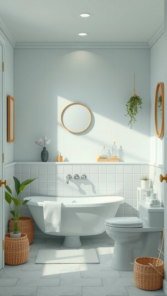 A bright and serene bathroom featuring white walls, modern fixtures, and natural decorations.