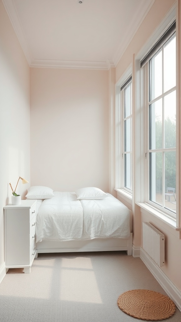 Cozy small bedroom with light pink walls, white bed, and natural light from large windows.