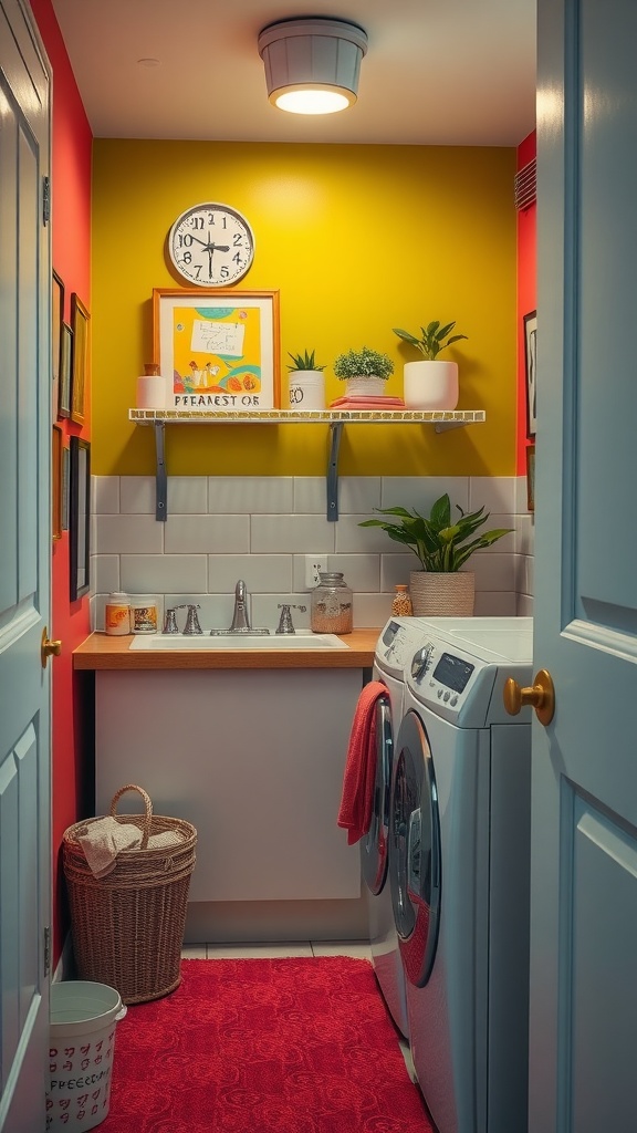 A small laundry room with colorful accent walls, featuring a yellow wall, red accents, and decorative plants.
