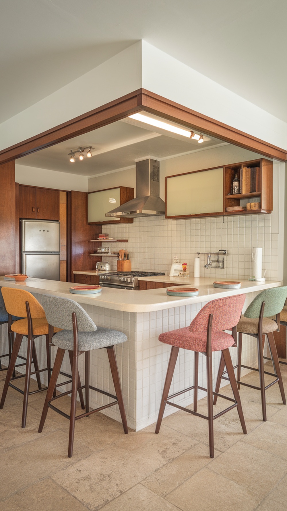 Colorful barstools in a mid century modern kitchen with warm wood cabinetry.