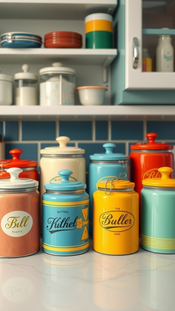 Colorful vintage kitchen canisters in various shapes and sizes on a kitchen counter.