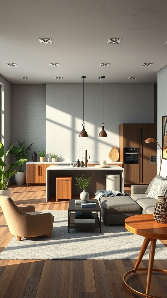 A modern open kitchen and living room with natural lighting, showcasing a blend of textures.