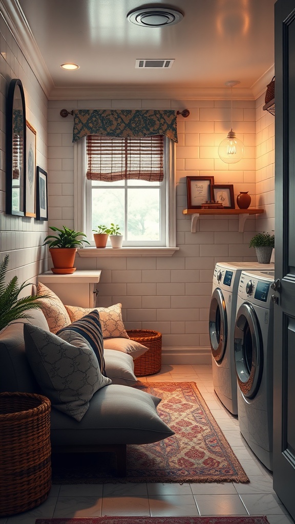 A cozy laundry room with a comfortable seating area, plants, and modern washing machines.