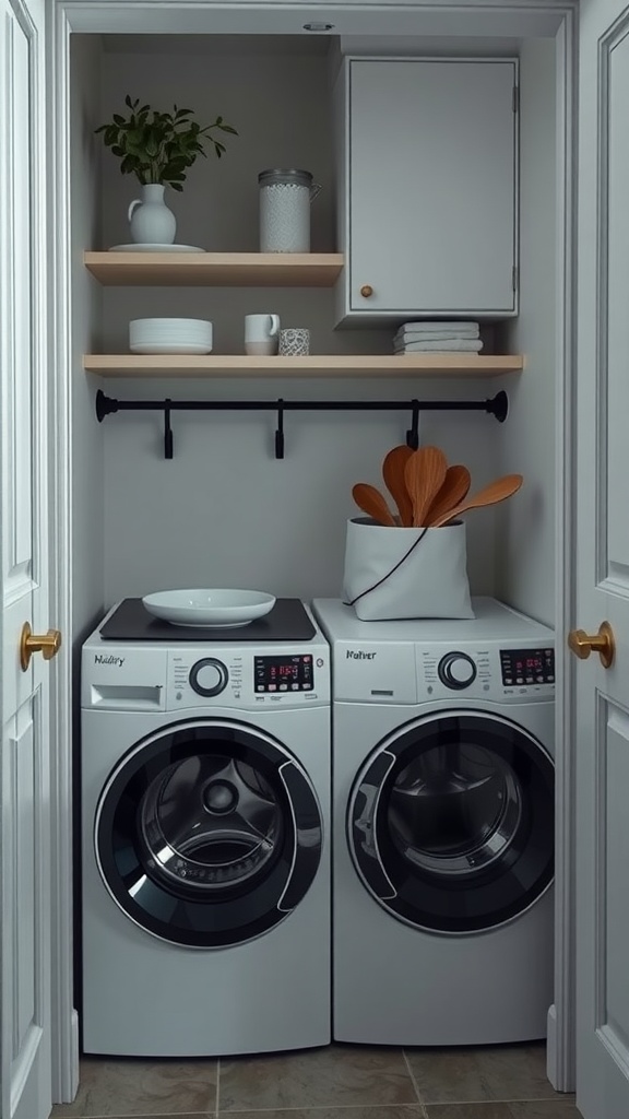 Compact washer and dryer units in a small laundry room with shelves and decor