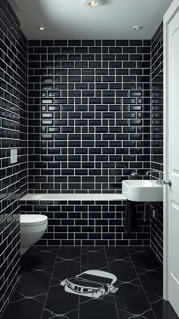 Bathroom with black subway tiles and a white sink, featuring a playful design on the floor.