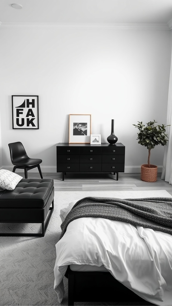 A contemporary black and white bedroom featuring black furniture and a cozy white bed.