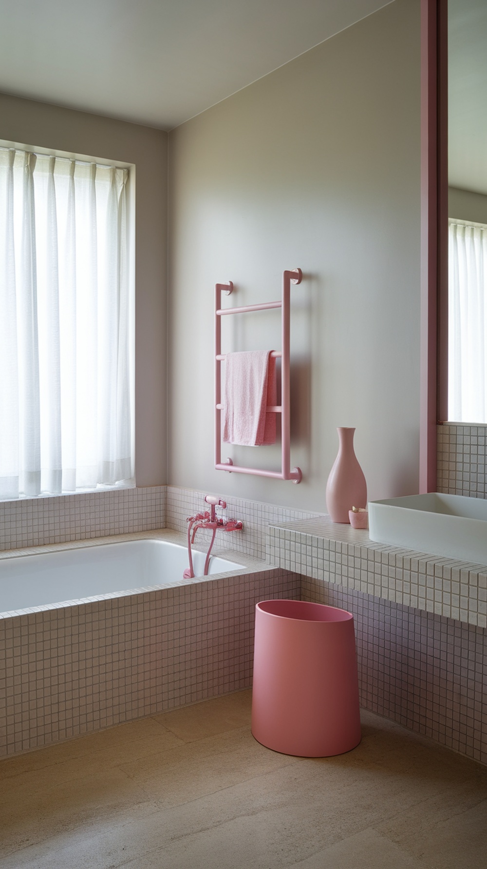 A contemporary minimalist bathroom featuring pink accents, a bathtub, and a pink vase.