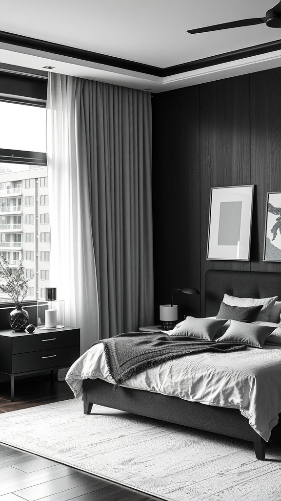A stylish black and white bedroom featuring dark wood accents, soft bedding, and modern decor.