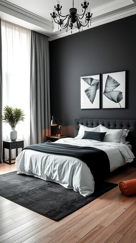 Stylish black and white bedroom with light wood floors