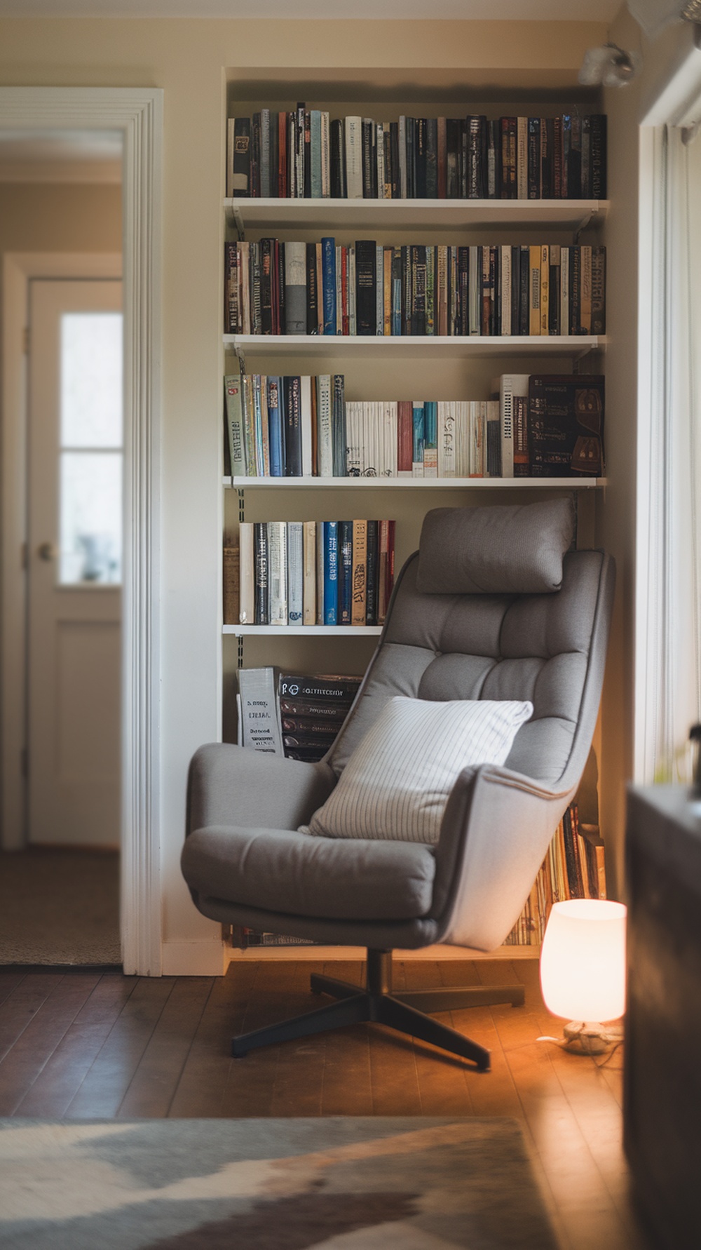 A cozy reading nook in a small apartment living room with an armchair and bookshelf.