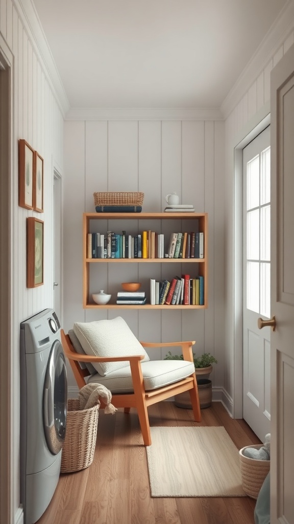 Cozy reading nook in a farmhouse-style laundry room with a chair, bookshelf, and plants.