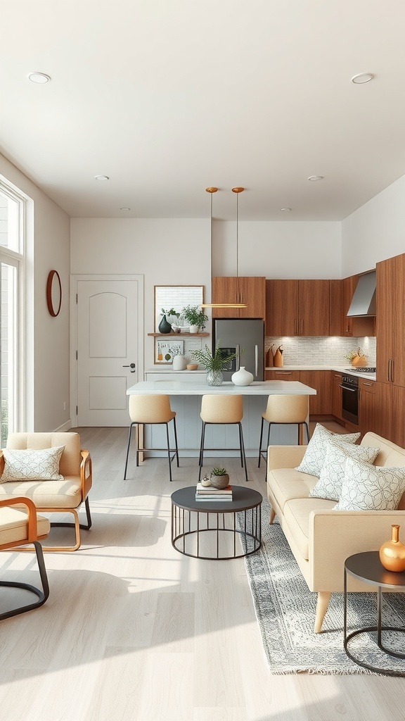 Stylish open kitchen and living room with neutral colors and wooden accents.