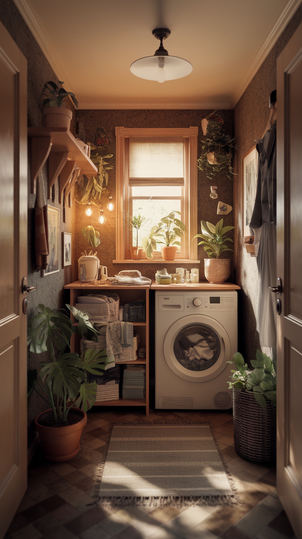Cozy small laundry room with plants, wooden shelves, and warm lighting.