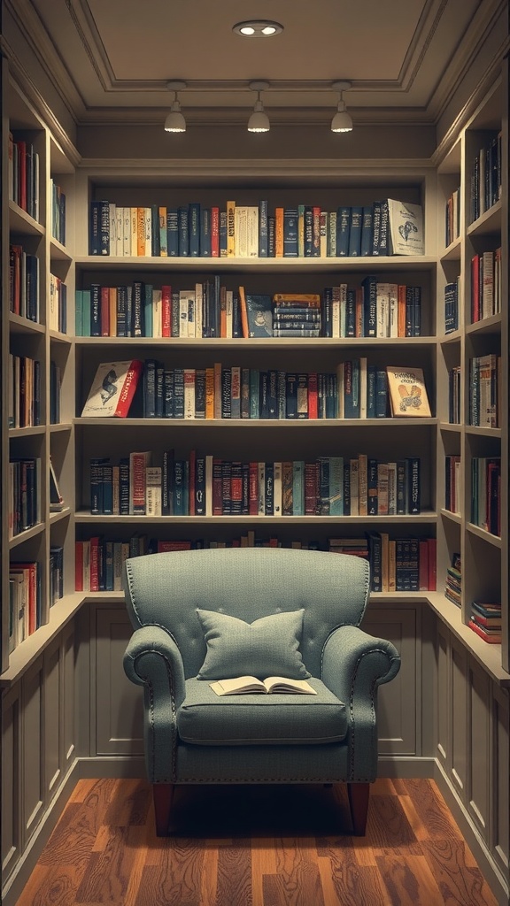 Cozy reading nook with built-in bookshelves and a comfortable chair.