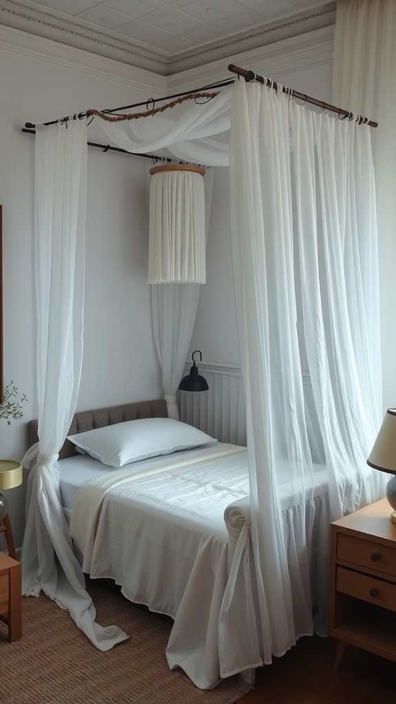 A cozy canopy bed with soft white drapes in a small bedroom