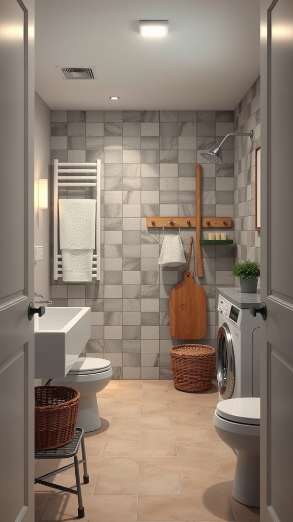 A modern dual-purpose bathroom featuring a sink, toilet, washing machine, and organized storage.