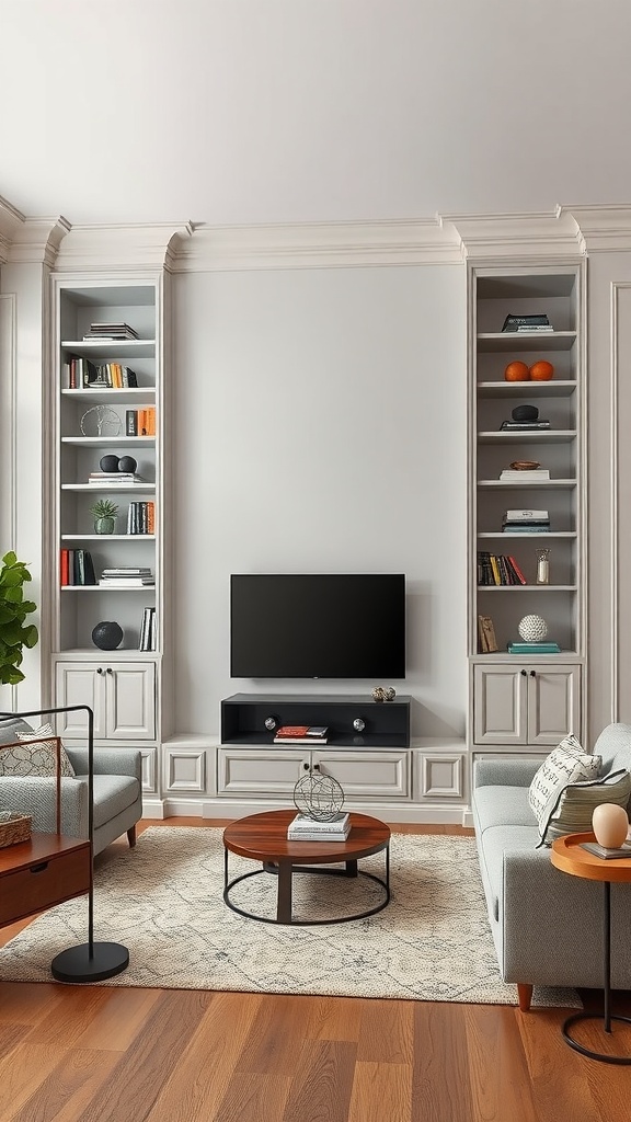 A stylish living room featuring built-in shelves on either side of a TV console, with comfortable seating and decorative items.
