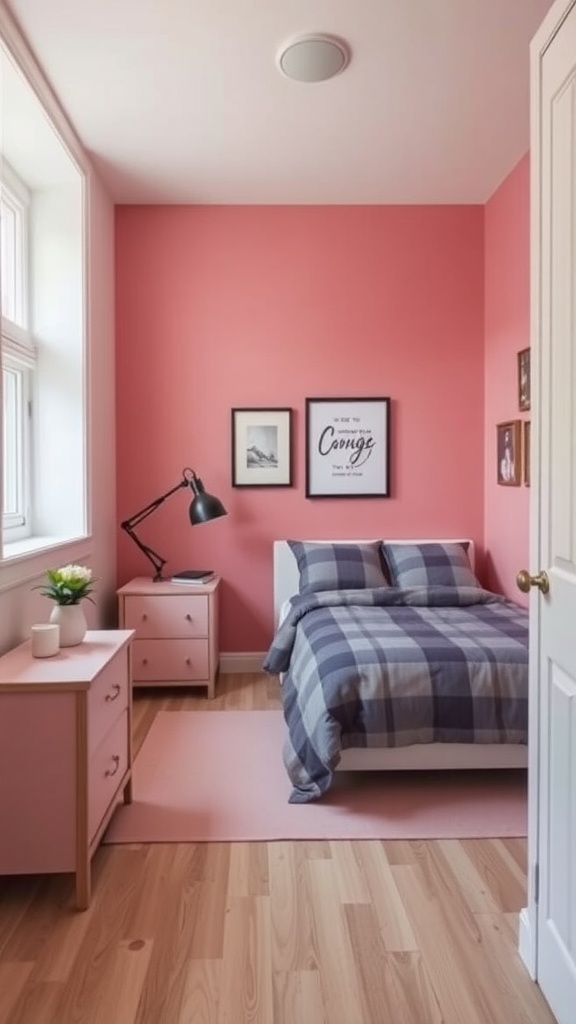 Small bedroom with pink walls, checkered bedding, and matching furniture