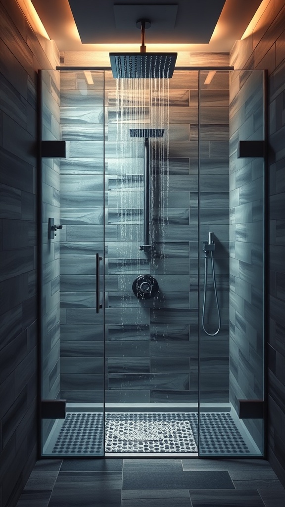 A luxurious modern shower featuring glass enclosure, rainfall shower head, and elegant tile design