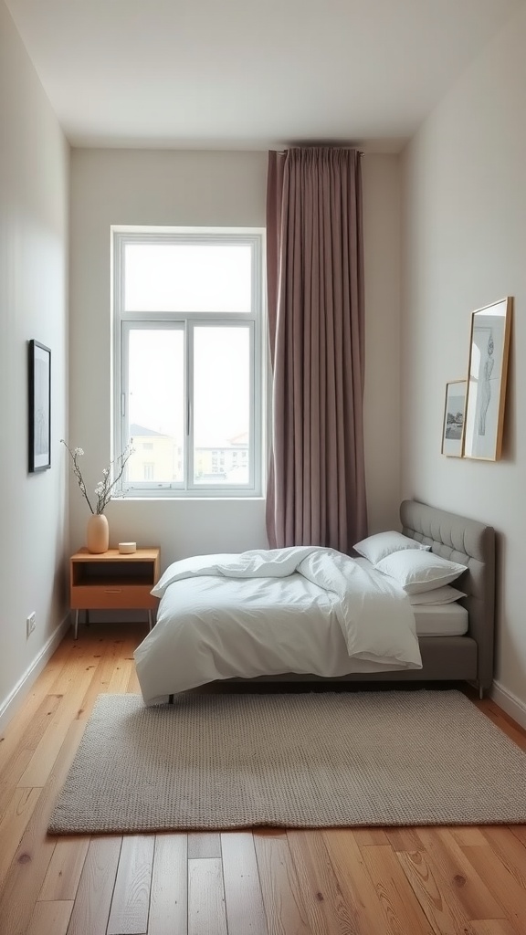 A cozy small bedroom with a bed, nightstand, and window, showcasing minimalist design.