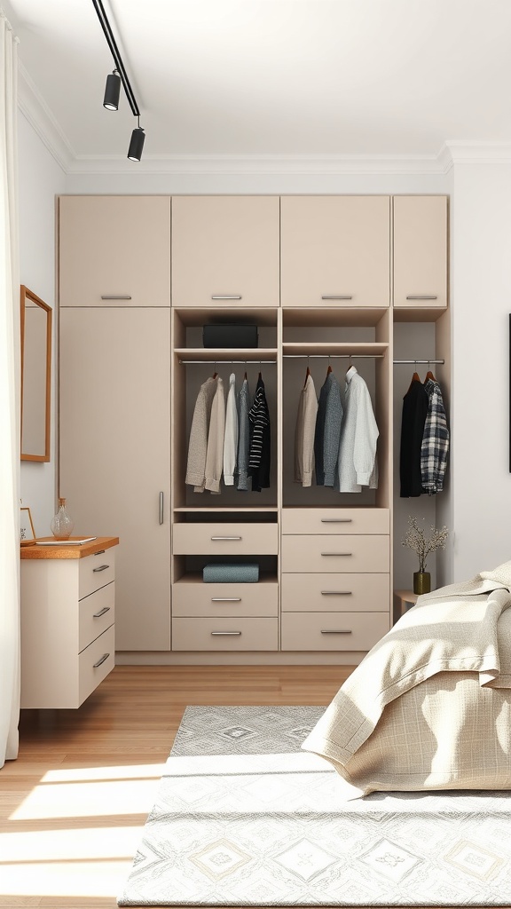 A modern minimalist wardrobe design in a bedroom, featuring sleek cabinetry and organized interior.