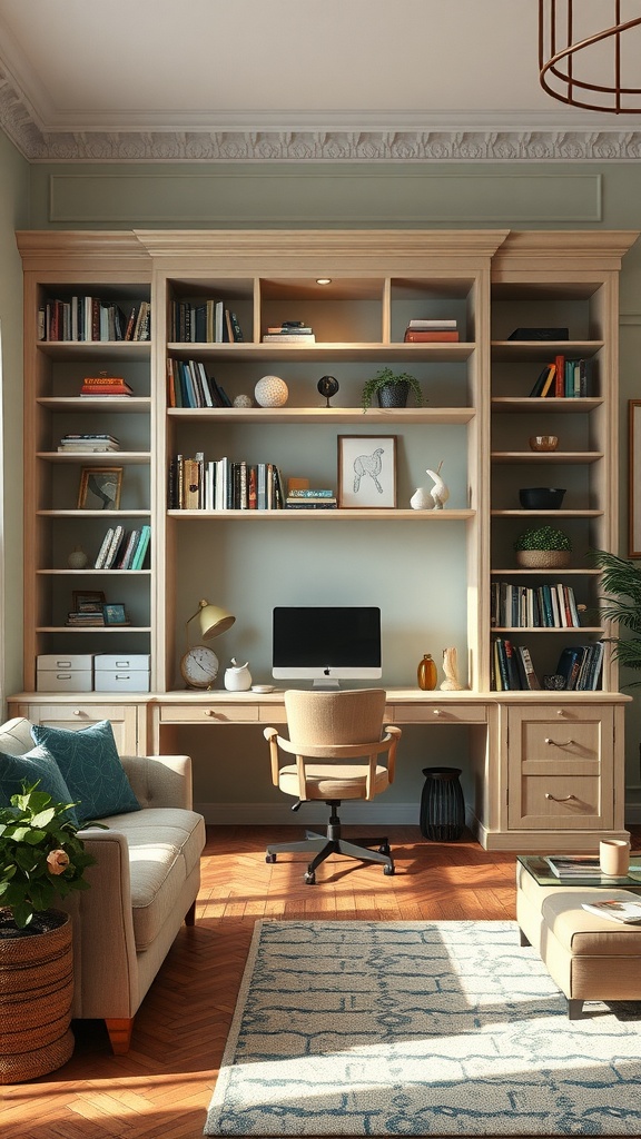 A cozy living room featuring built in shelves, a desk, and comfortable seating.