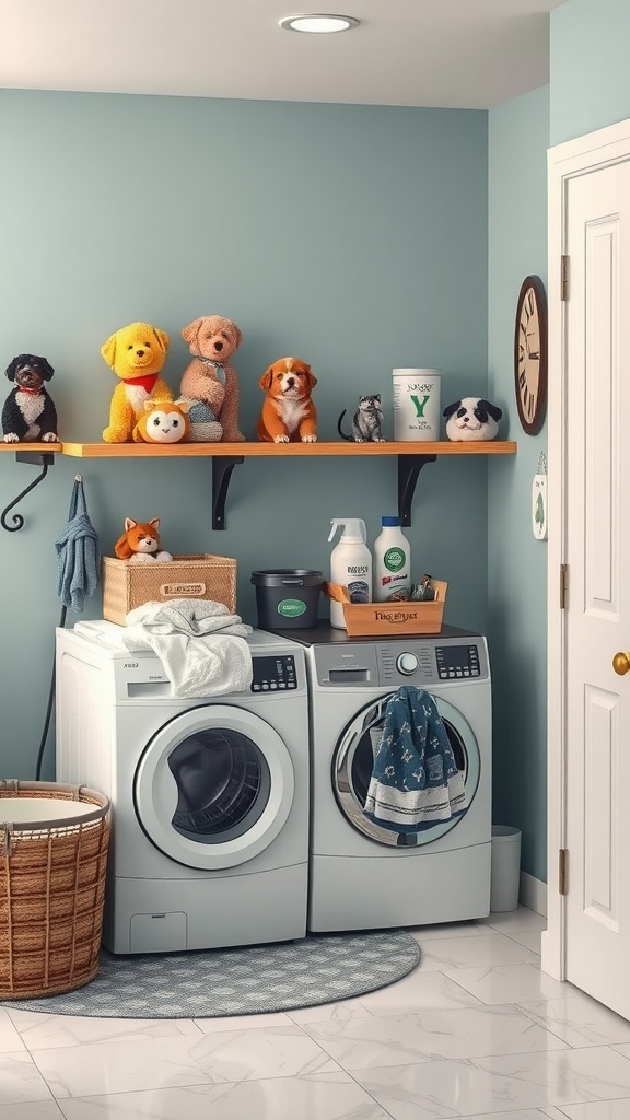 A cozy farmhouse laundry room featuring washing machines, pet toys, and a warm, inviting atmosphere.