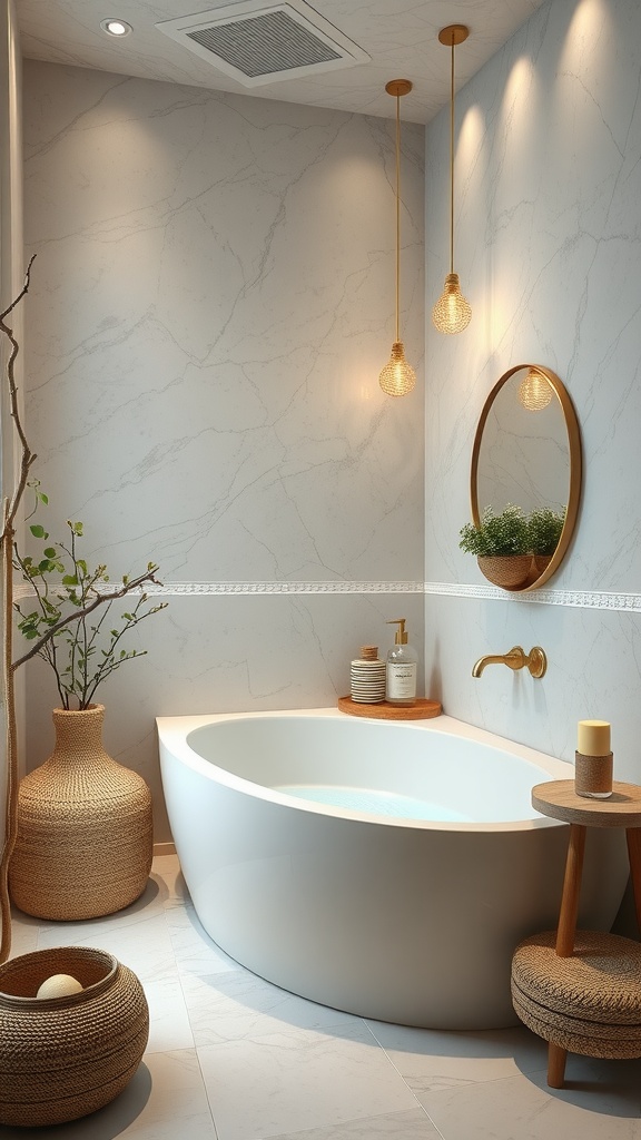 A modern bathroom featuring an oval bathtub, marble walls, and warm lighting.