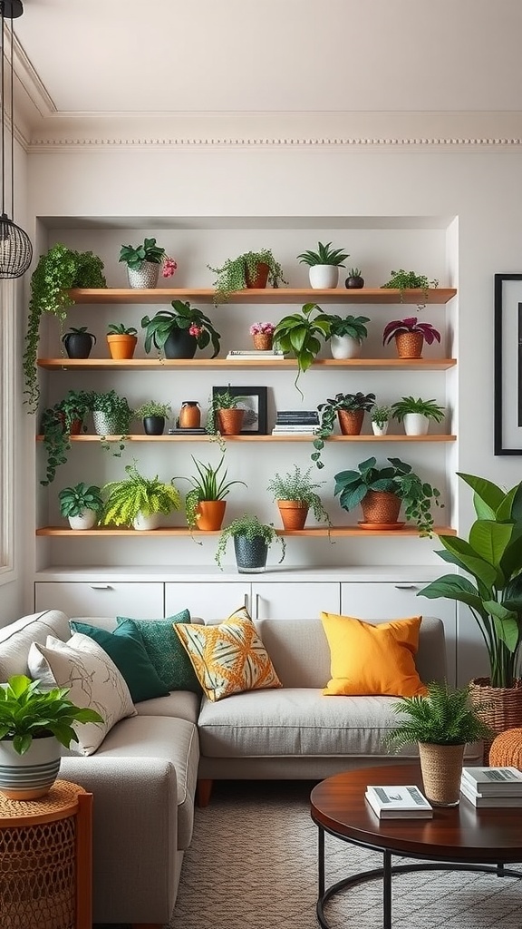Living room with built in shelves showcasing various plants in pots