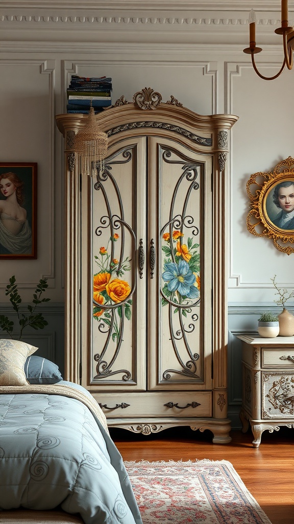 An elegantly designed wardrobe with floral patterns in a stylish bedroom.