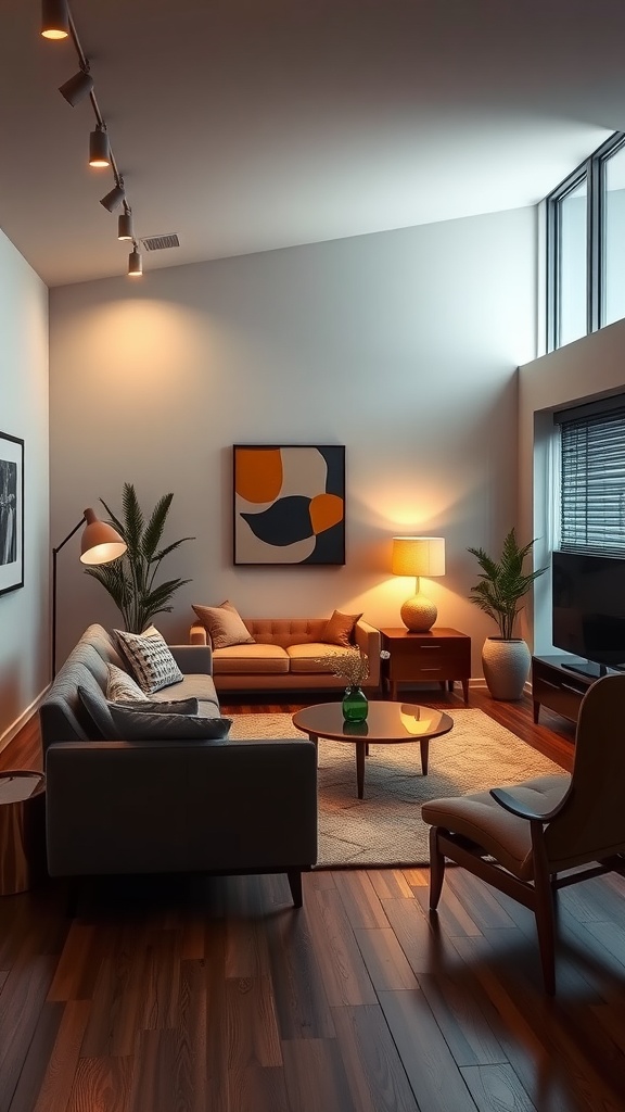 A mid century modern living room with soft lighting, featuring comfortable seating, a round coffee table, and decorative plants.