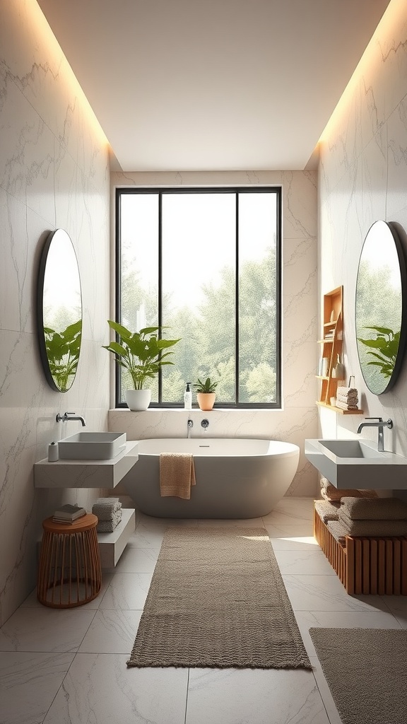 A modern open concept bathroom featuring large windows, a freestanding bathtub, and minimalist design elements.