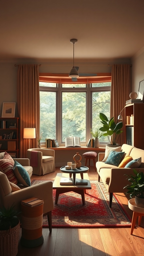 A cozy mid century modern living room with a warm atmosphere, featuring comfortable seating, a coffee table, and natural light from the windows.