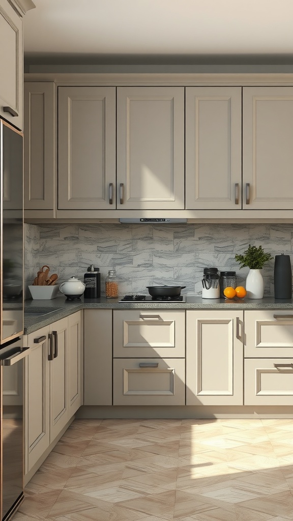 A kitchen featuring two tone cabinets with light upper cabinets and darker lower cabinets, complemented by a neutral backsplash.