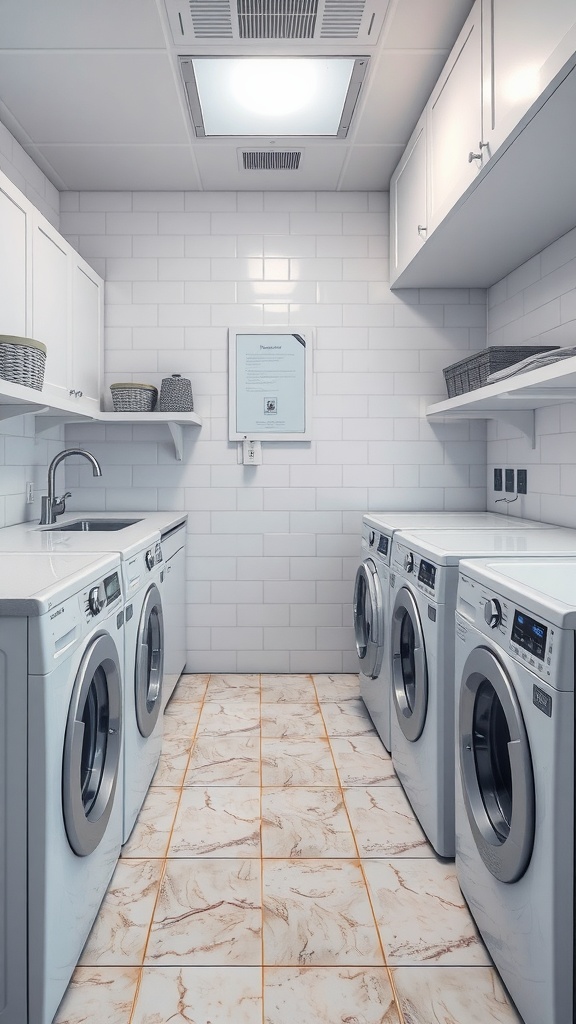 A bright farmhouse laundry room with modern appliances and organized storage.