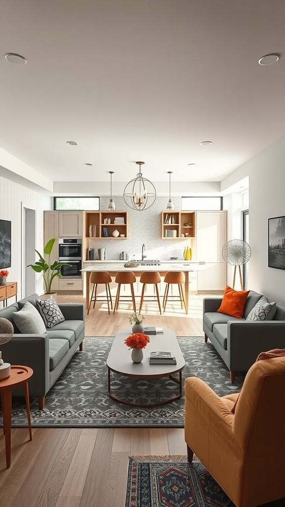 An open kitchen and living room with cozy furniture arrangement and warm decor.