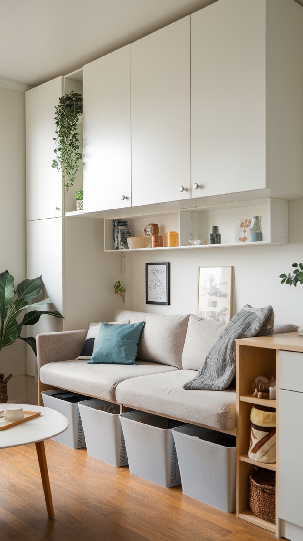A small apartment living room with clever storage solutions, including overhead cabinets and storage bins under the couch.