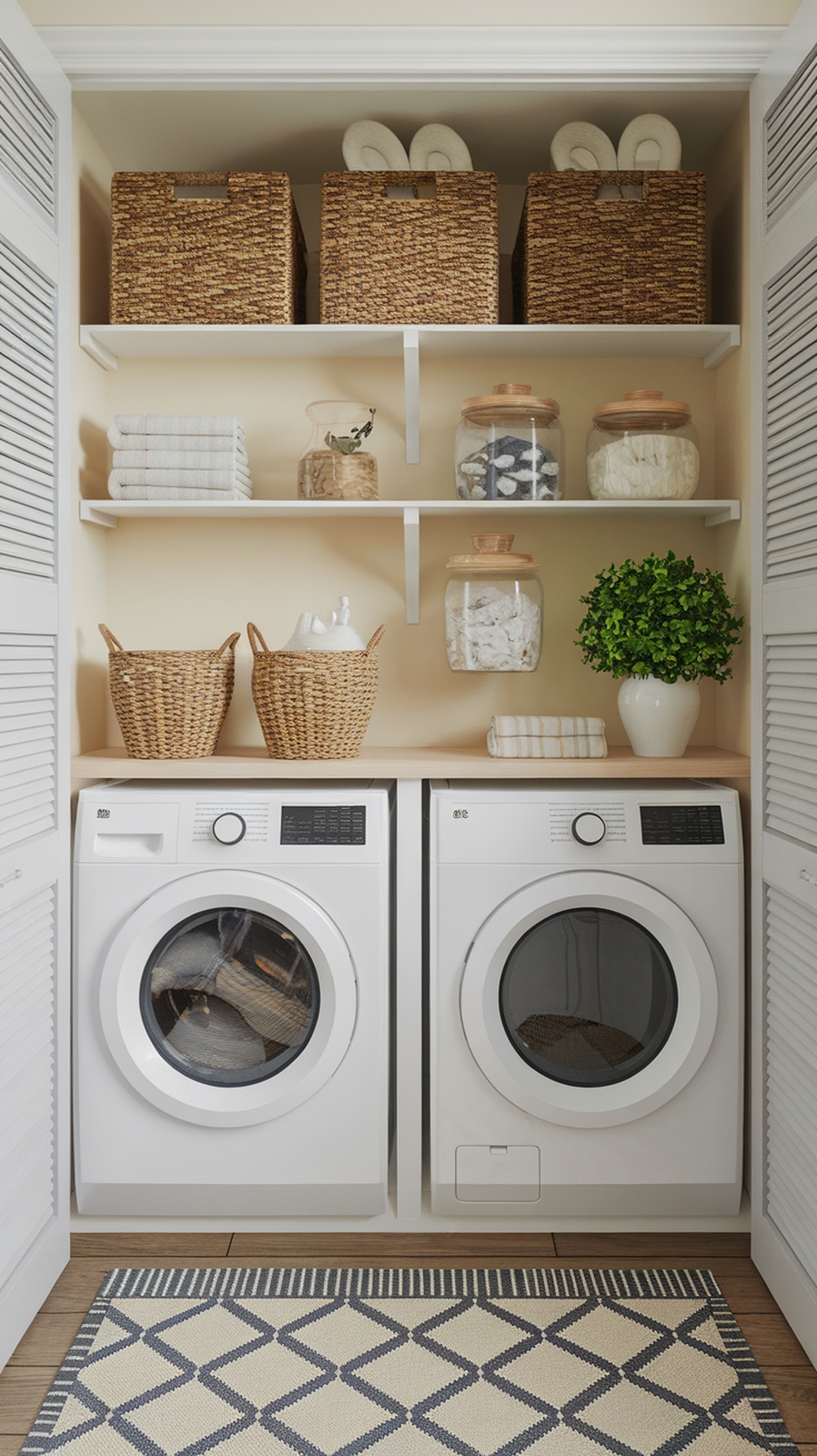 Organized small laundry room with stacked appliances, shelves, and woven baskets