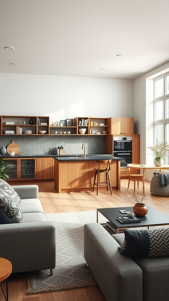 An open kitchen and living room with modern design featuring wooden shelves and multi-functional furniture.