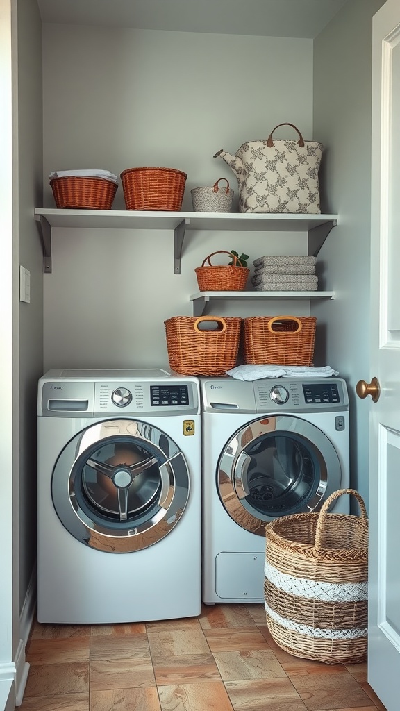 A small laundry room featuring modern appliances and neatly arranged wicker baskets on shelves.
