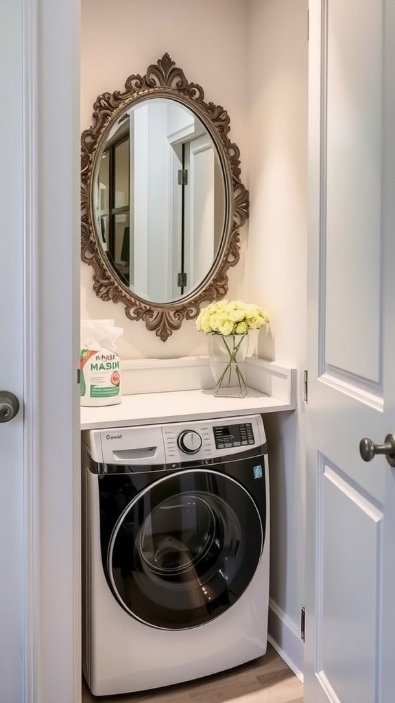 A small laundry room featuring a washer and dryer with a decorative mirror on the wall.