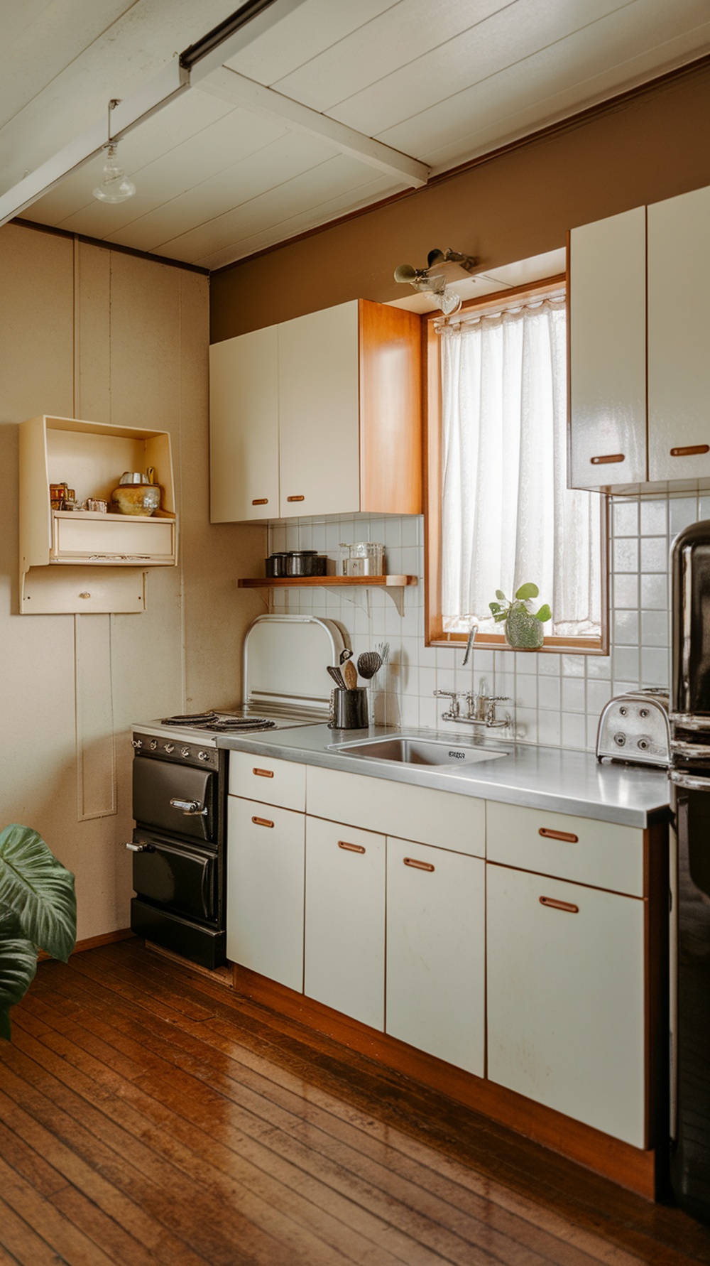 A Mid Century Inspired Kitchen with wooden cabinets, a stainless steel sink, and natural light from a window.