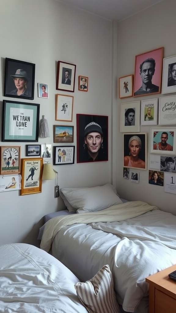 A small bedroom with a variety of framed wall art, including portraits and quotes, enhancing the cozy atmosphere.