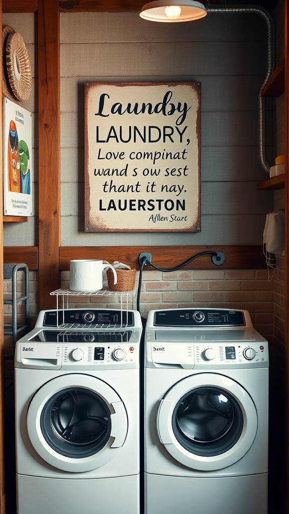 A farmhouse laundry room featuring a vintage-style laundry sign with whimsical text.
