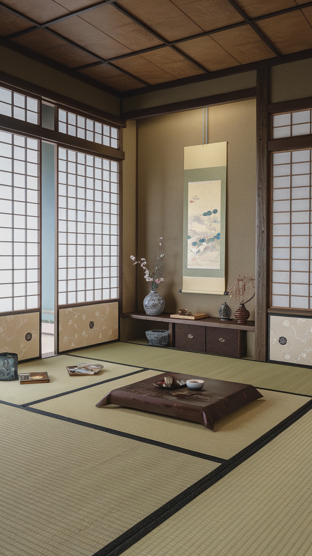A traditional Japanese bedroom with tatami mats, shoji screens, and minimal decor.