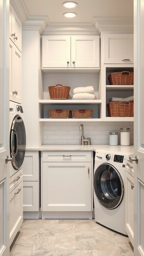 A modern laundry room with custom built-in cabinets, featuring white cabinetry, a countertop, and organized baskets.