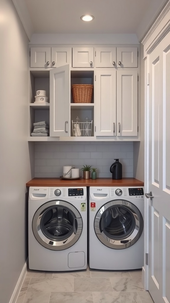 A small laundry room featuring custom cabinets and a modern design.